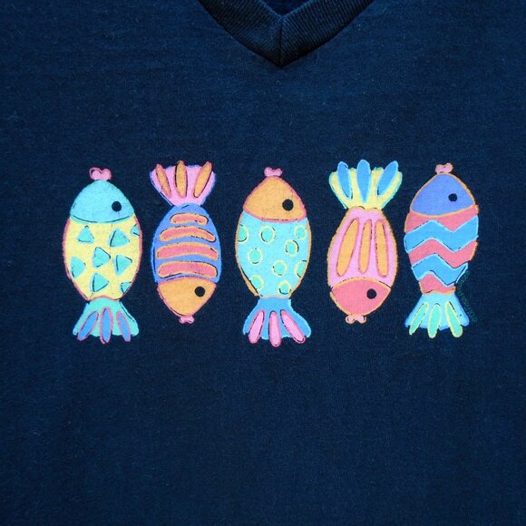 vtg FRESH PRODUCE Adult Medium Colorful Fish T blue/black *sleeves cut shorter* - Picture 1 of 5